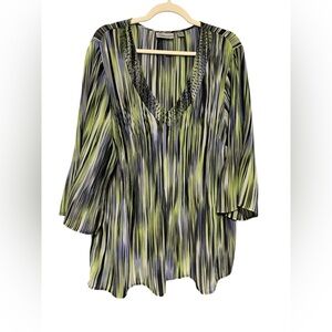 Avenue Green and Black Beaded Neckline Tunic with 3/4 Sleeves size 18/20 EUC